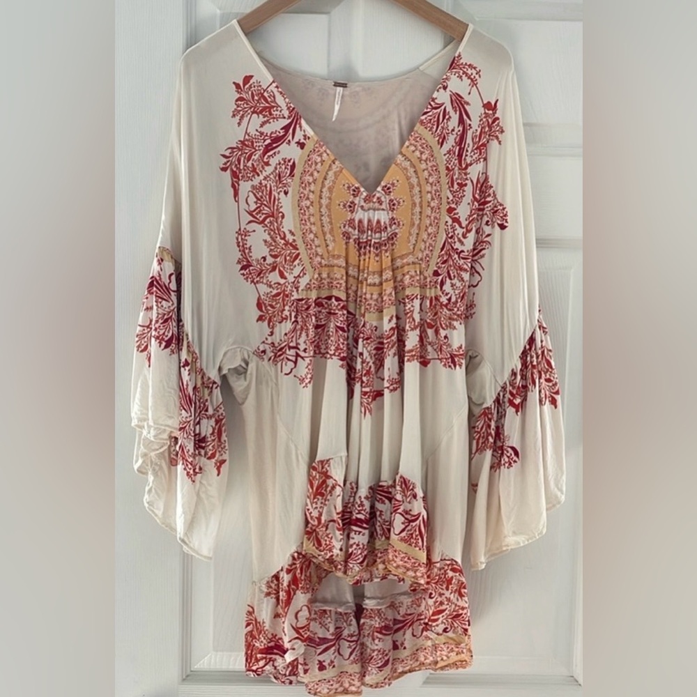 Free People Ivory Tunic with Red & Mustard Floral Print. Size M Fits True To